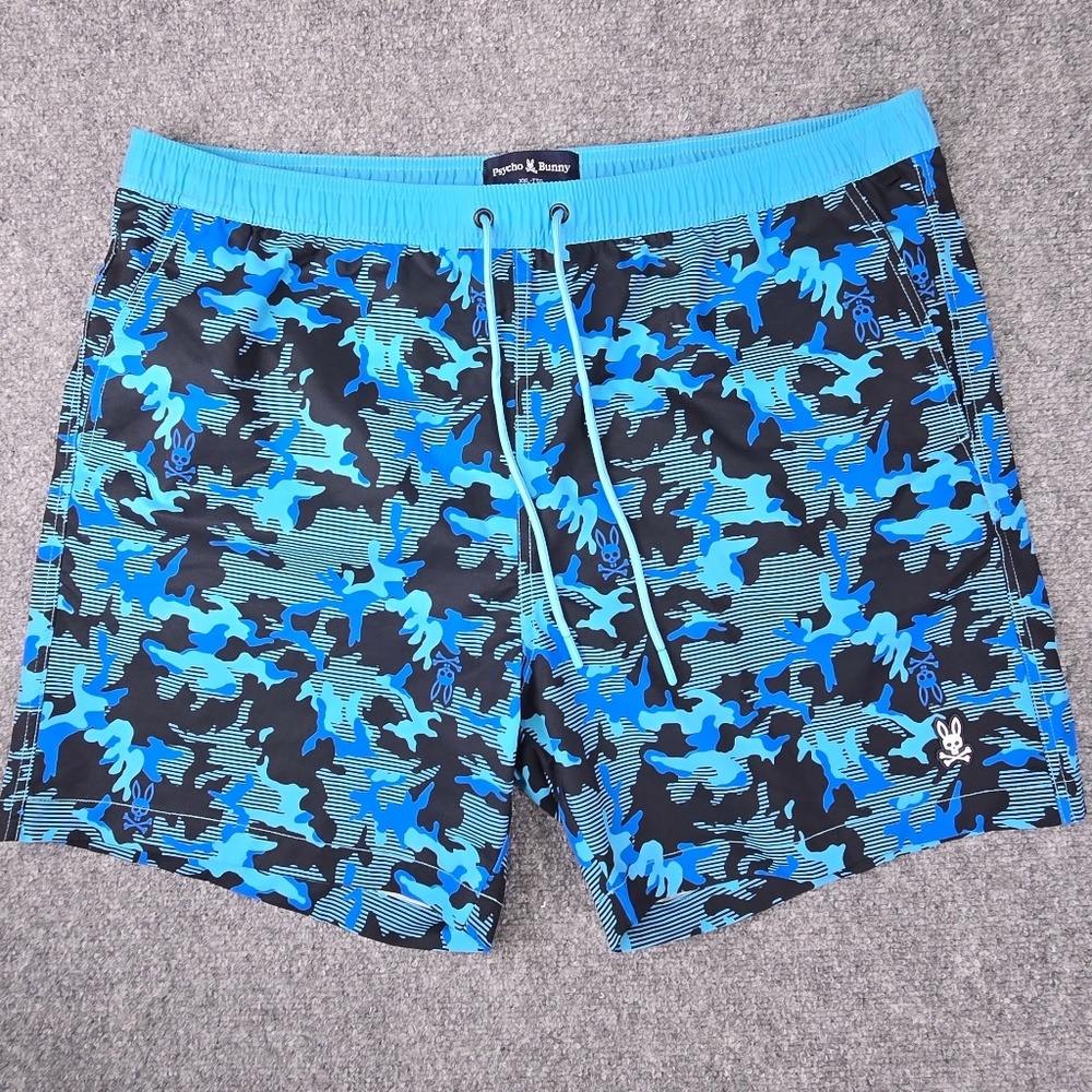 Psycho Bunny Rye All Over Print Camo Swim Trunks XXL Navy Aqua Blue Bunny Logo